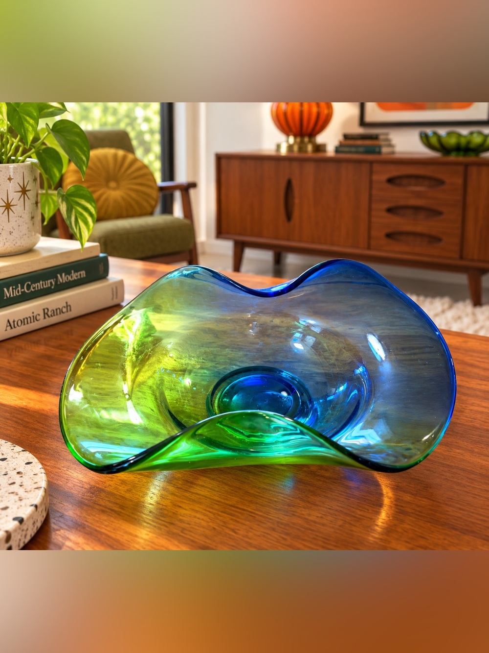 Vintage Murano Sargasso Style Blue Green Wave Bowl 12x7” Trinket Dish MCM Glass